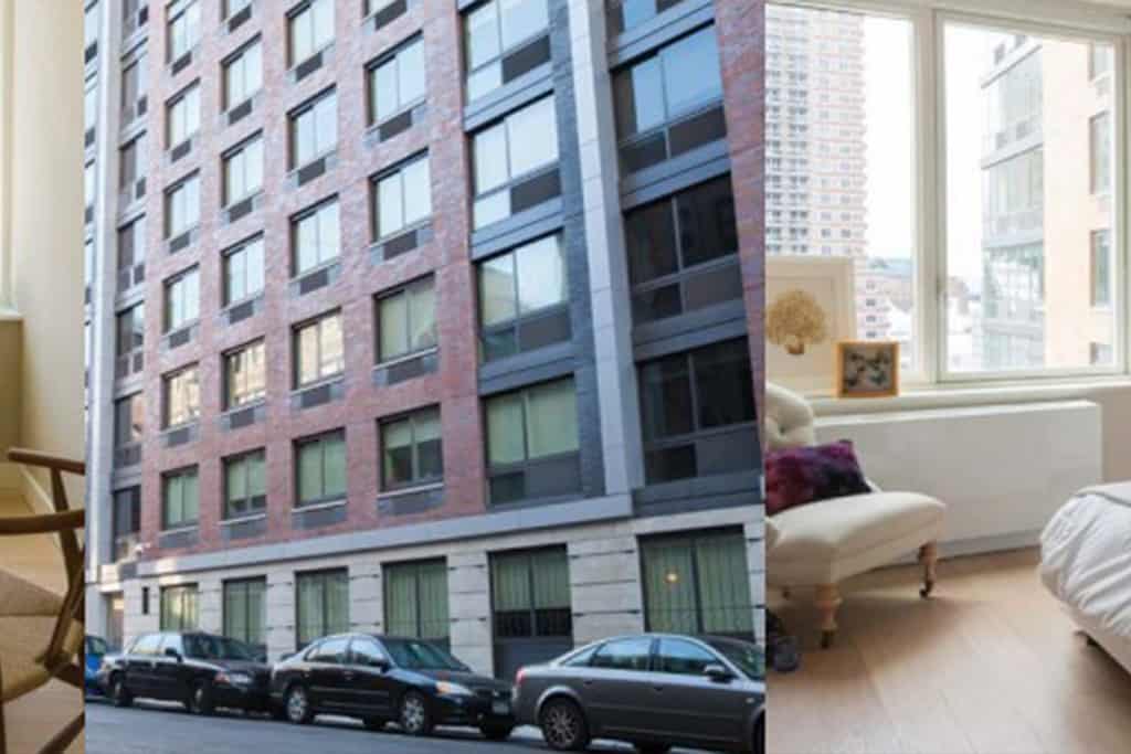 The facade of a modern multi-story apartment building with a brick and gray exterior, with cars parked along the street in the foreground.