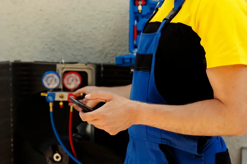 A technician in a yellow shirt and blue overalls uses a smartphone while standing next to HVAC gauges and equipment, representing PTAC Air Conditioning & Heating NYC.