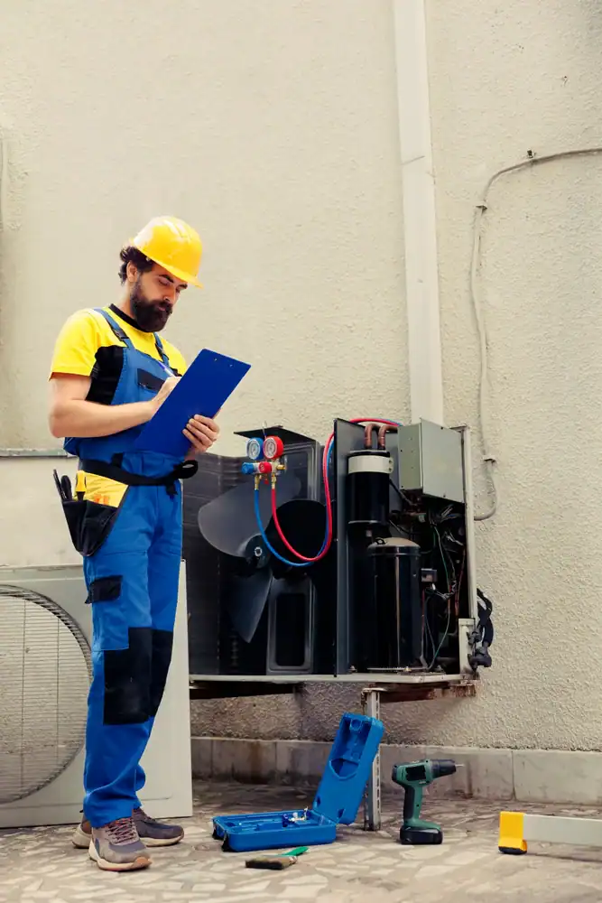 A male HVAC technician in a yellow hard hat and blue uniform inspects an outdoor PTAC Air Conditioning & Heating NYC unit, holding a clipboard with tools and equipment on the ground nearby.