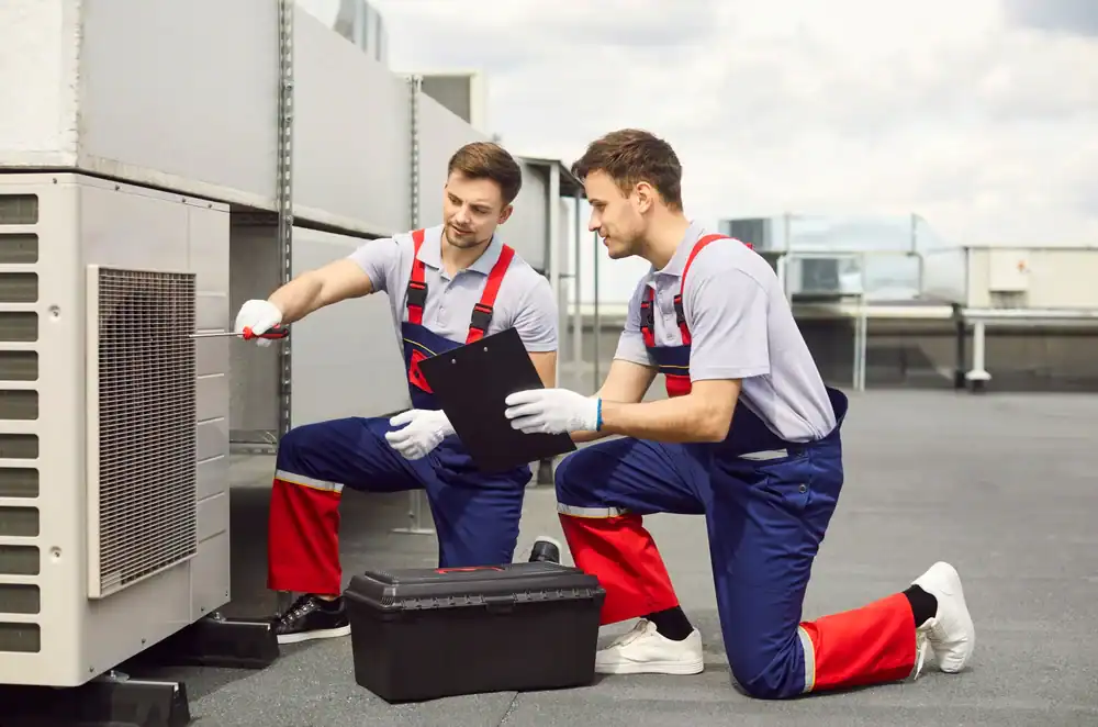 Two HVAC technicians in work uniforms service an outdoor air conditioning unit on a rooftop for PTAC Air Conditioning & Heating NYC. One uses a screwdriver while the other holds a clipboard, with a black toolbox set in front of them.